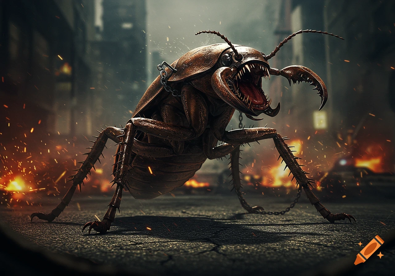 A giant, monstrous cockroach with chains and sharp teeth stands on a dark, debris-strewn city street amid fire and sparks.