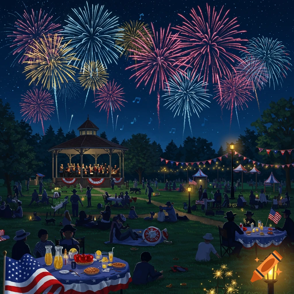 An illustrated nighttime scene of a July 4th celebration in a park with fireworks, a band in a gazebo, and people picnicking.