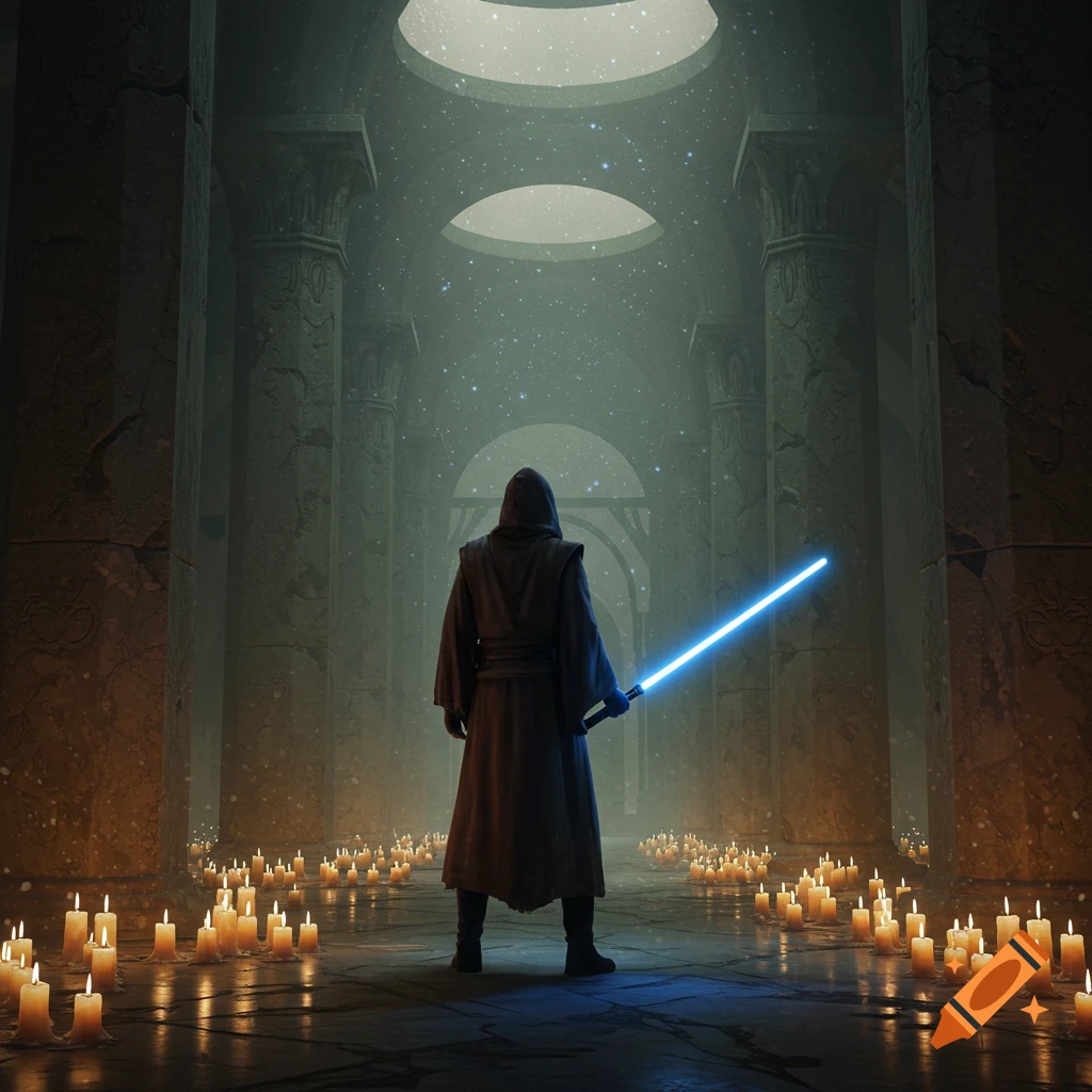 A cloaked figure with a glowing blue lightsaber stands in a dark, ancient temple filled with lit candles under a starry sky.