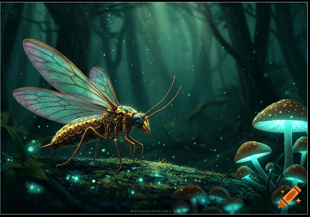 A detailed fantasy insect with translucent teal wings and a gold body, illuminated by glowing mushrooms and light particles in a dark, mystical forest.
