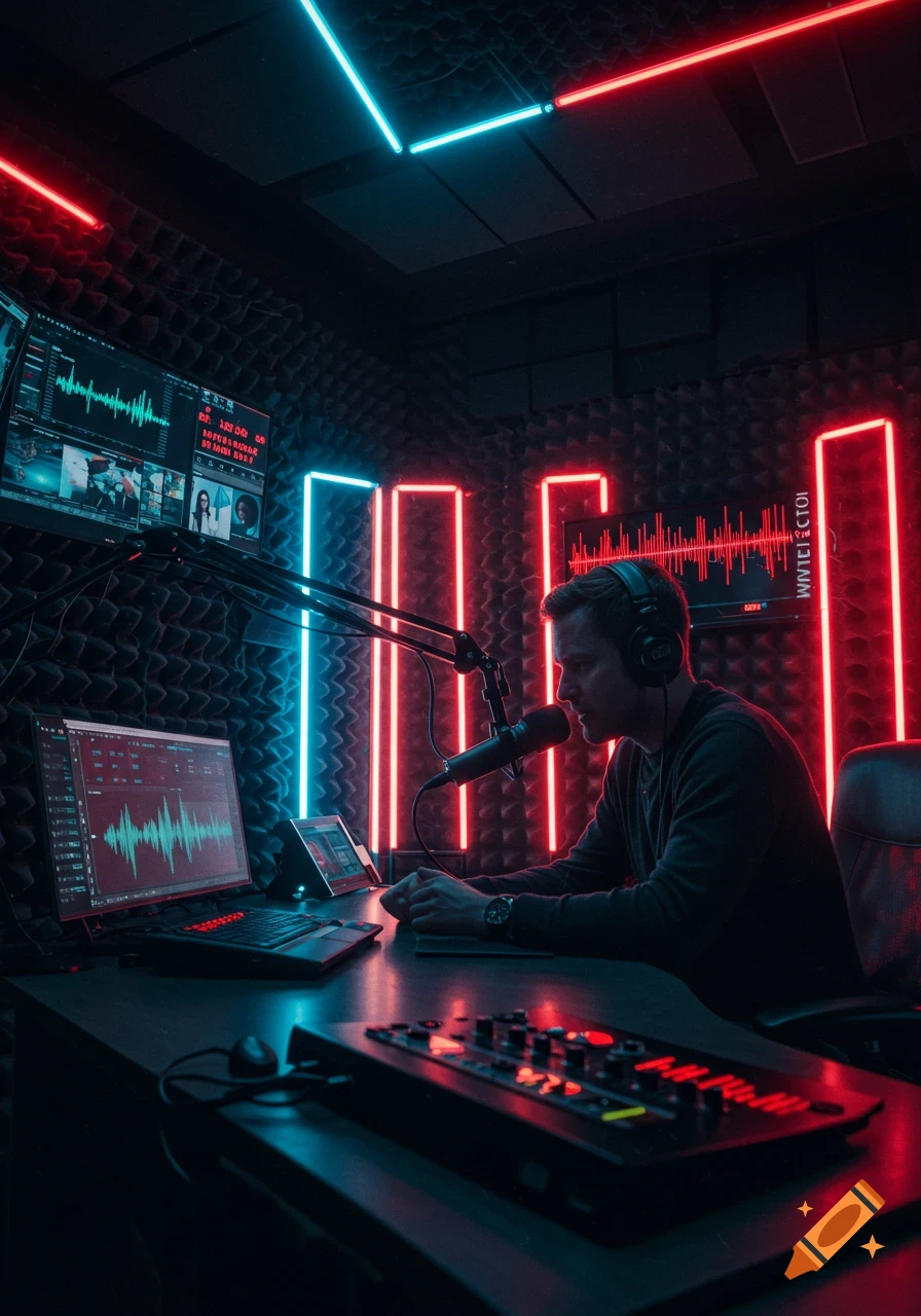 Man in headphones speaking into a microphone in a neon-lit recording studio with screens displaying waveforms.