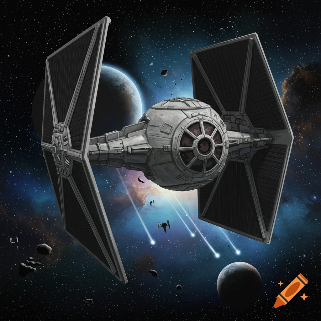 A detailed illustration of a grey Star Wars TIE Fighter spaceship flying through a vibrant blue and purple nebula in deep space, with planets and asteroids visible.