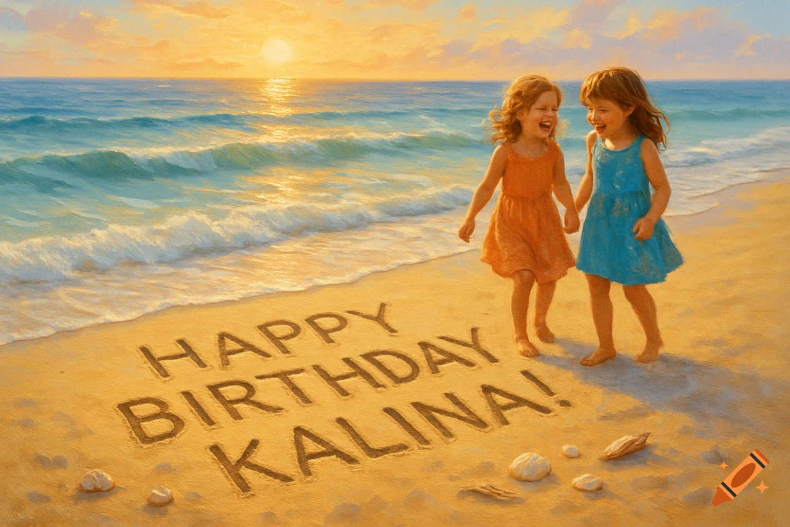 Two joyful young girls walk on a beach at sunset, with 'HAPPY BIRTHDAY KALINA!' written in the sand.