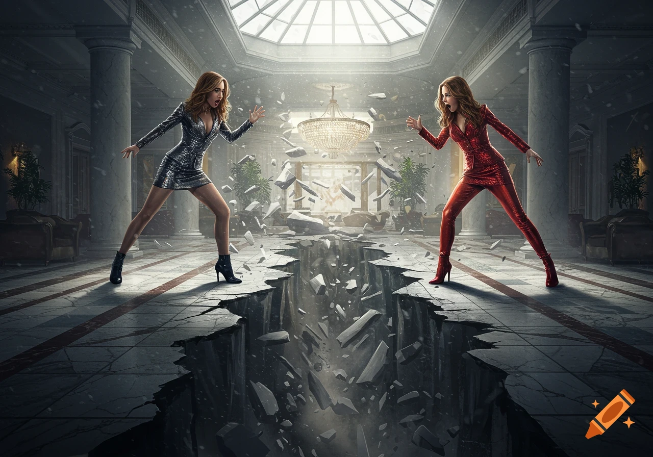 Two women in sparkling outfits stand on opposite sides of a cracking floor, forming a chasm in a grand hall.