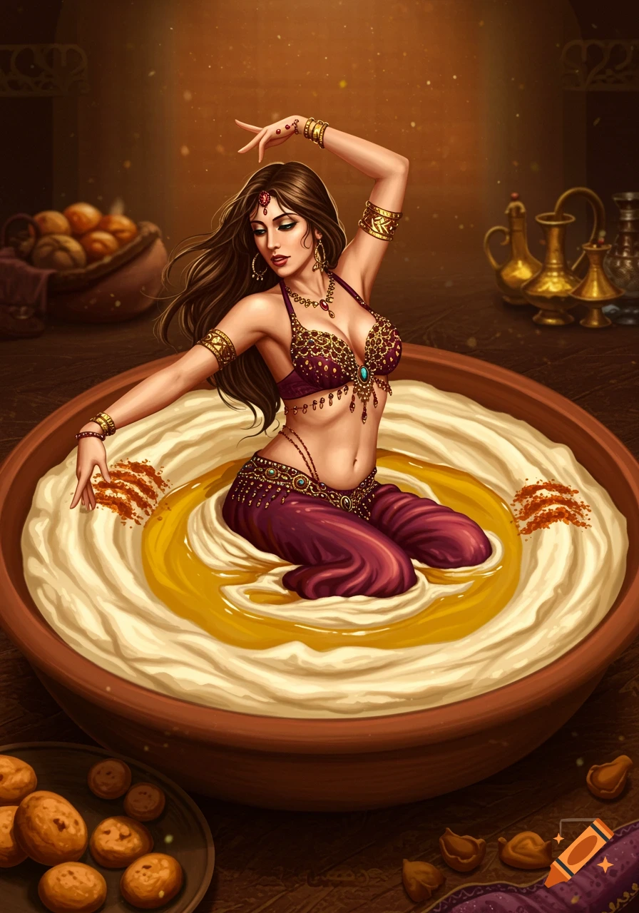 A vibrant illustration of a belly dancer in purple and gold attire sitting in a large bowl of hummus with olive oil and spices, surrounded by bread and pots.