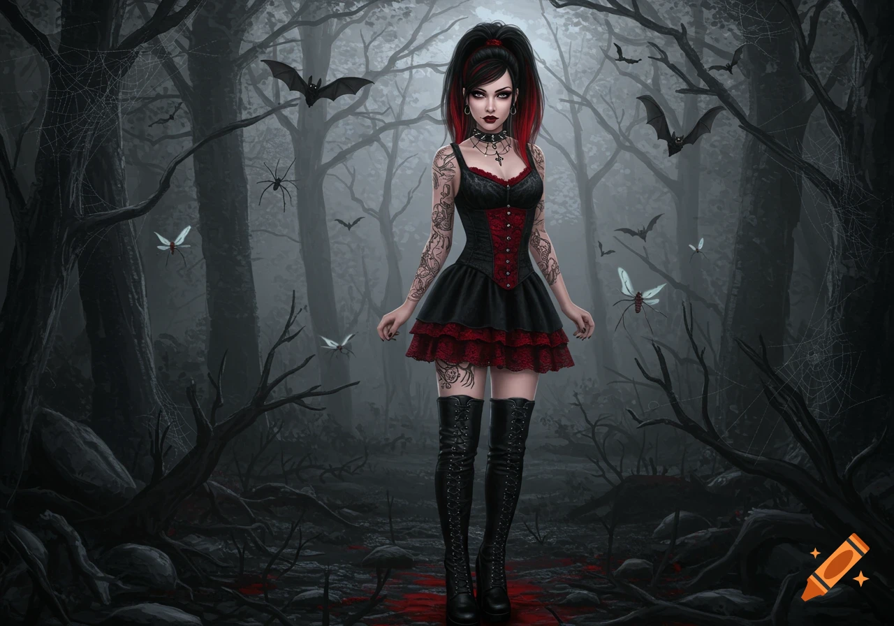 A gothic woman with black and red hair in a short dress and high boots stands in a spooky forest with bats, spiders, and deathmoths.