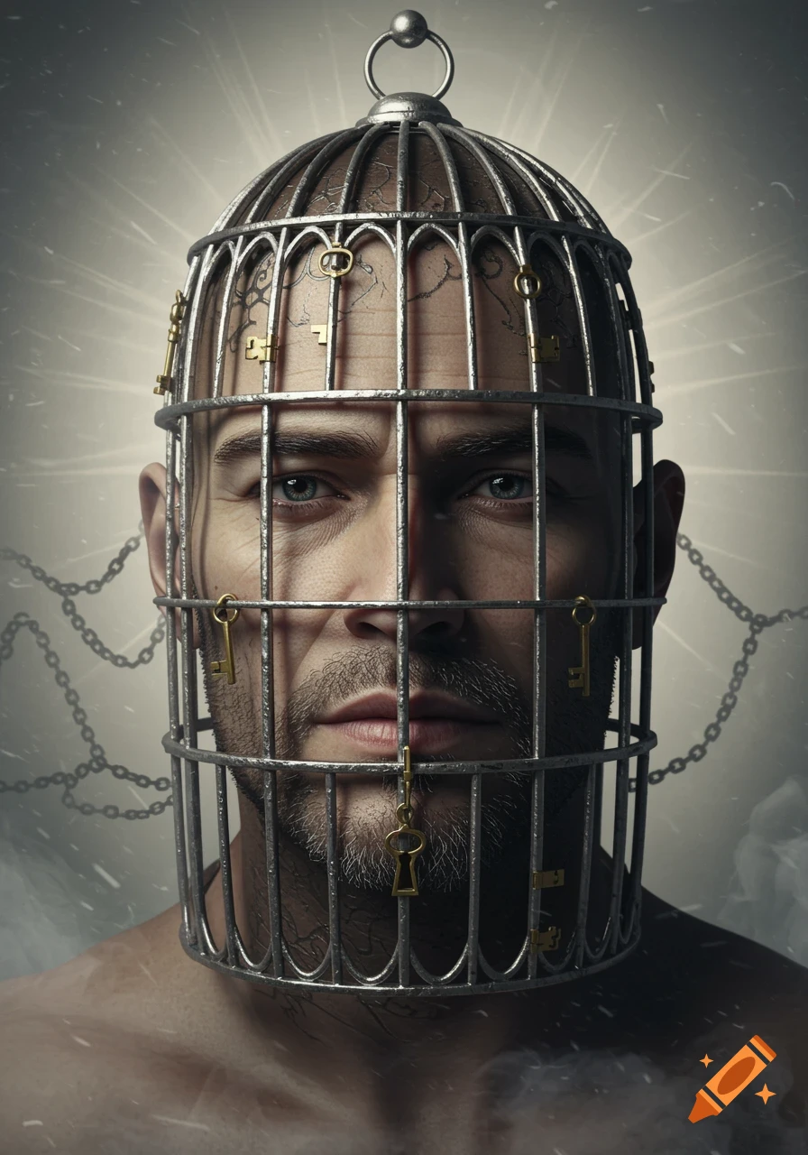 A striking conceptual portrait of a man's head encased in a metal birdcage, with small golden keys attached to the bars.
