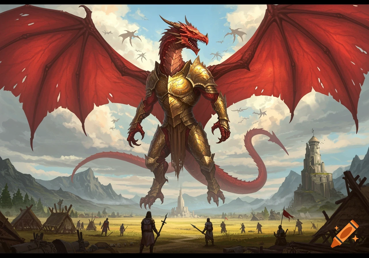 A colossal red dragon in golden armor with large red wings hovers over a medieval village with human figures, under a cloudy sky.