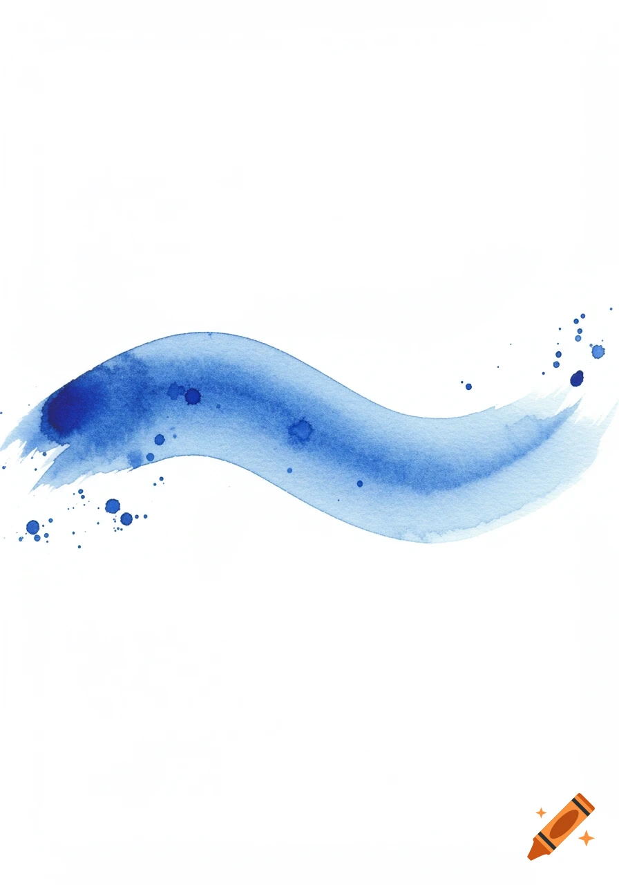A wavy blue watercolor stroke with splatters and dry edges on a white background.