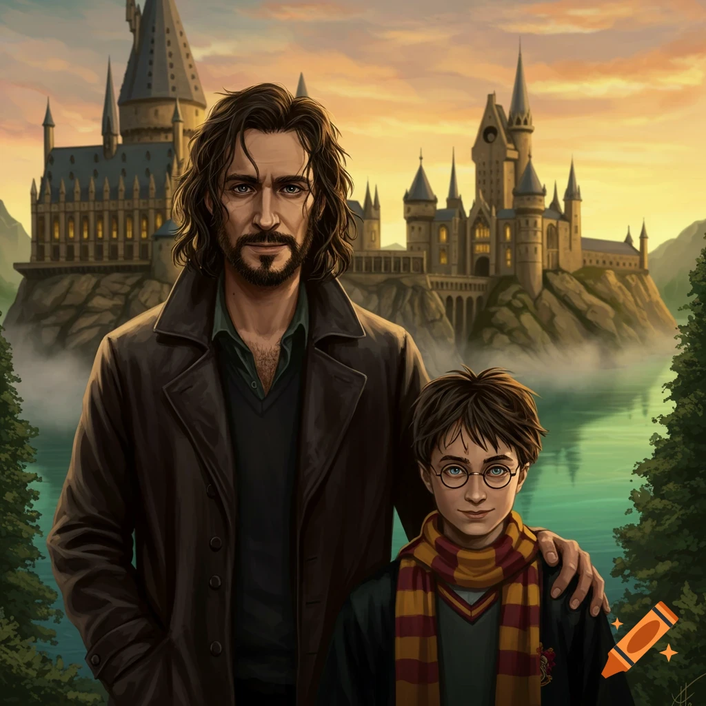 Illustration of Sirius Black and Harry Potter standing in front of Hogwarts castle at sunset.