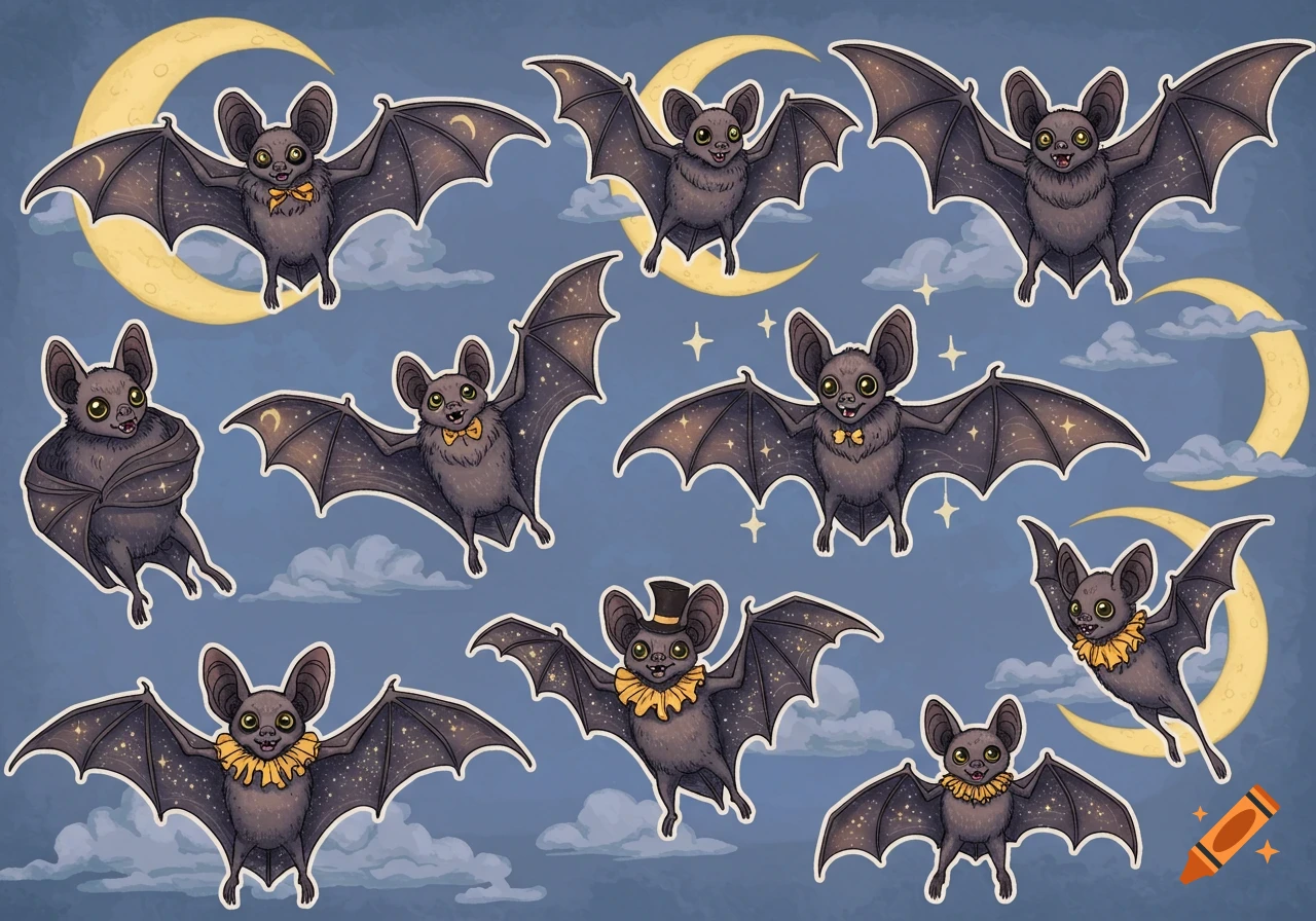 A whimsical illustration of multiple cartoon bats flying, some with bow ties or ruffled collars, against a dark blue sky with yellow crescent moons and stars.