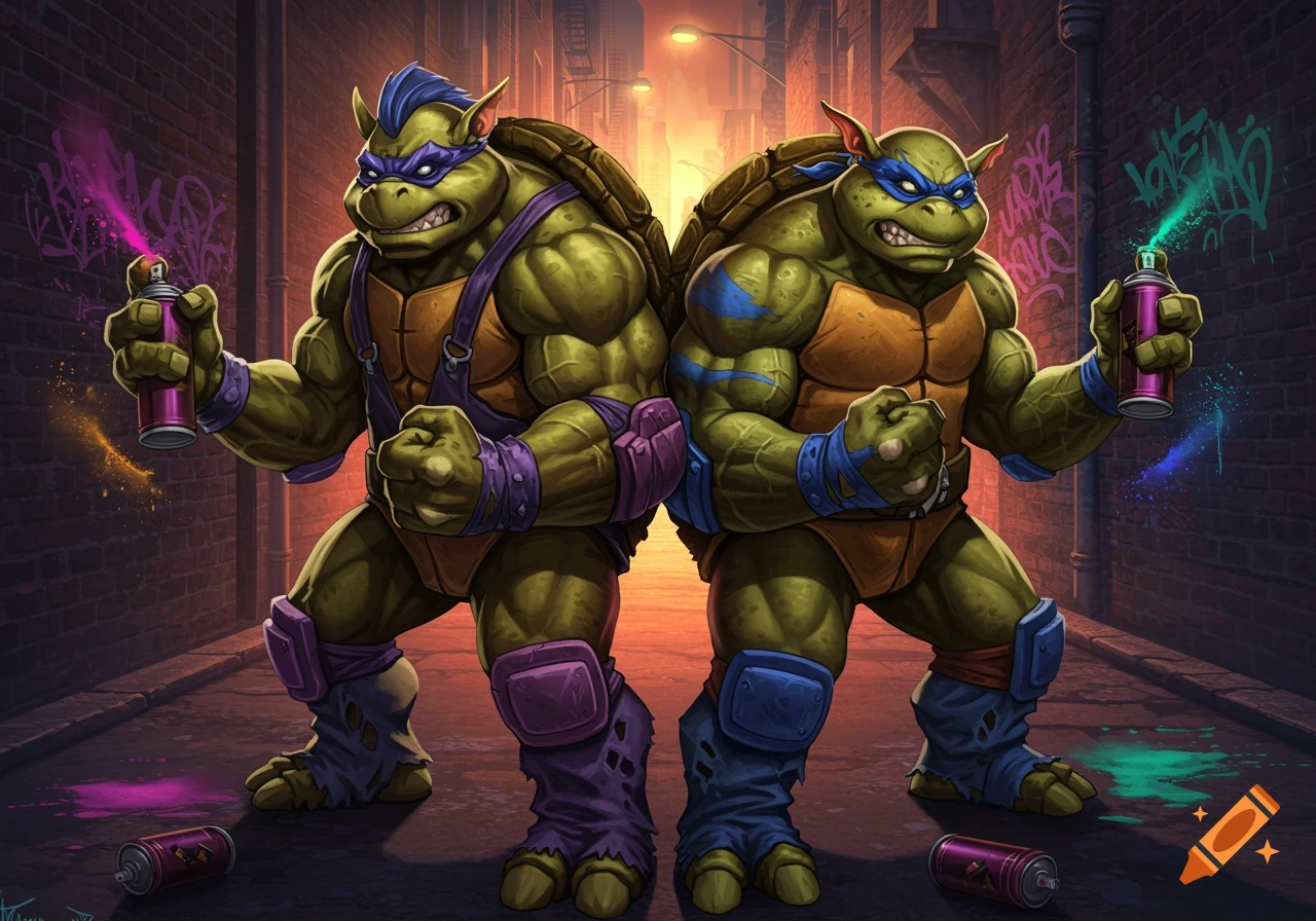 Two muscular, angry-looking anthropomorphic turtles, inspired by Teenage Mutant Ninja Turtles, stand back to back in an urban alleyway covered in graffiti. Both hold spray paint cans, one spraying purple, the other green.