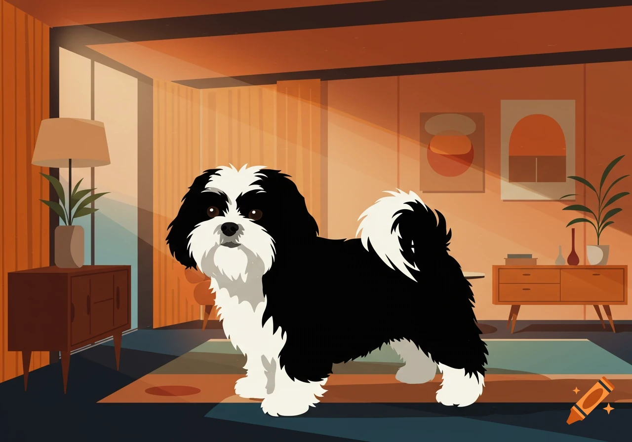 A black and white Shih Tzu dog in a mid-century modern style living room.
