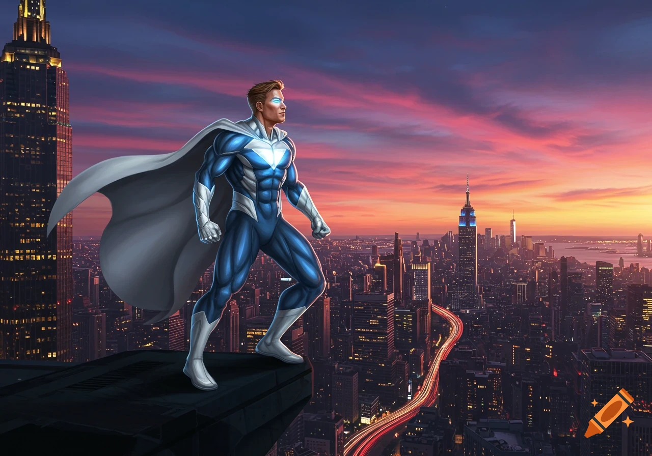 A male superhero in a blue and white suit with a cape and glowing eyes stands on a rooftop overlooking a city skyline at sunset.