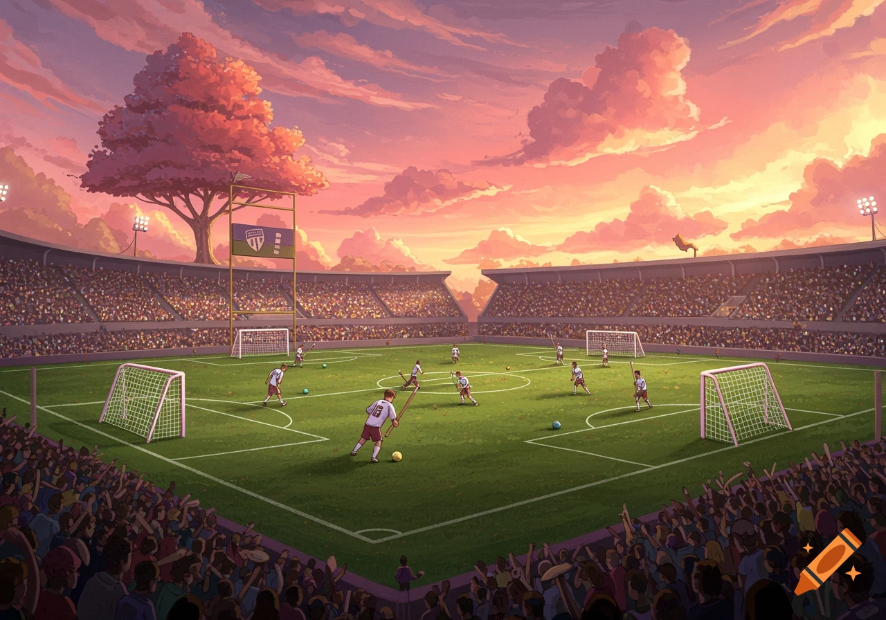 A vibrant anime-style illustration of a fantastical soccer stadium at sunset. Players on the green field with large goals, surrounded by a packed crowd. A large tree grows atop the stadium, and the sky is filled with pink and orange clouds.