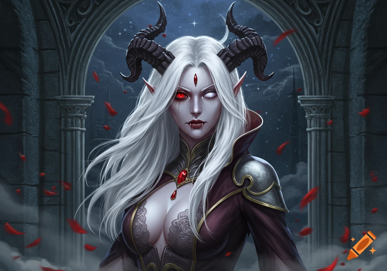 A gothic female demon with long white hair, one red eye and one white eye, short horns, and a dark ornate outfit, standing in a stone archway with falling red petals.