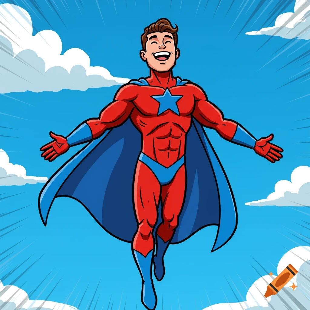 A smiling male superhero in a red and blue costume with a cape flies with outstretched arms in a blue sky with clouds, in a clipart style.