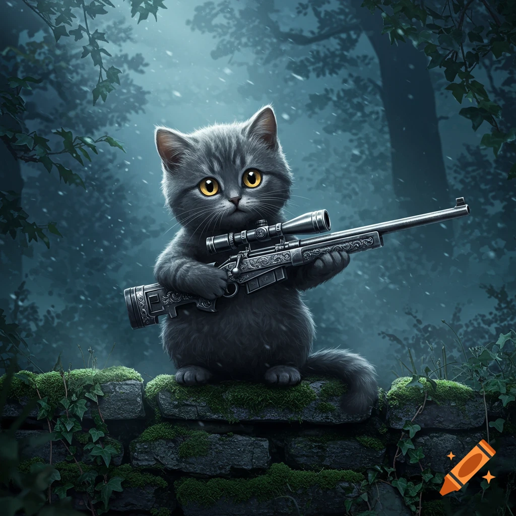 An illustrated cute grey kitten with large yellow eyes sits on a mossy stone wall, holding a detailed sniper rifle in a dark forest.