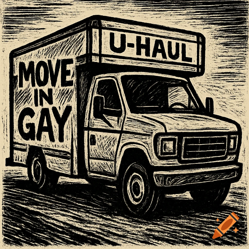 Black and beige linocut illustration of a U-Haul truck with 'MOVE IN GAY' painted on its side.