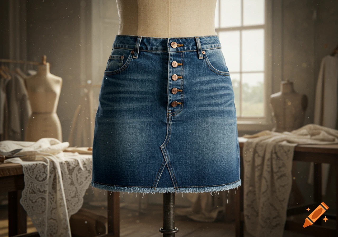 A blue denim mini skirt with buttons on a mannequin in a sunlit tailor's workshop.