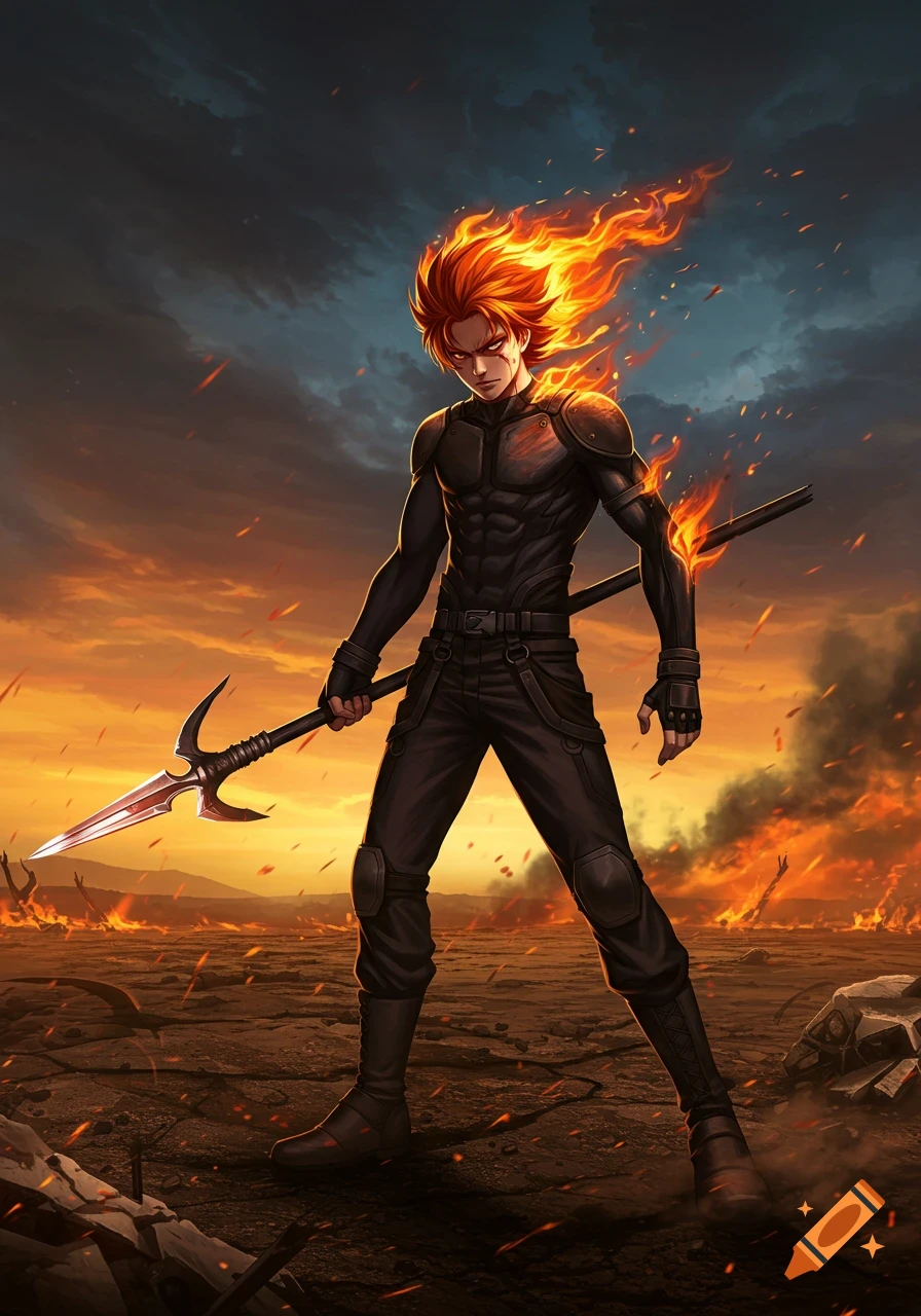 Orange-haired anime man with fiery hair holding a spear in a scorched, burning landscape at sunset.