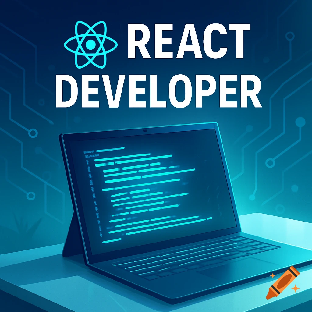 A laptop with blue code on screen, React logo and 'REACT DEVELOPER' text on a circuit board background.