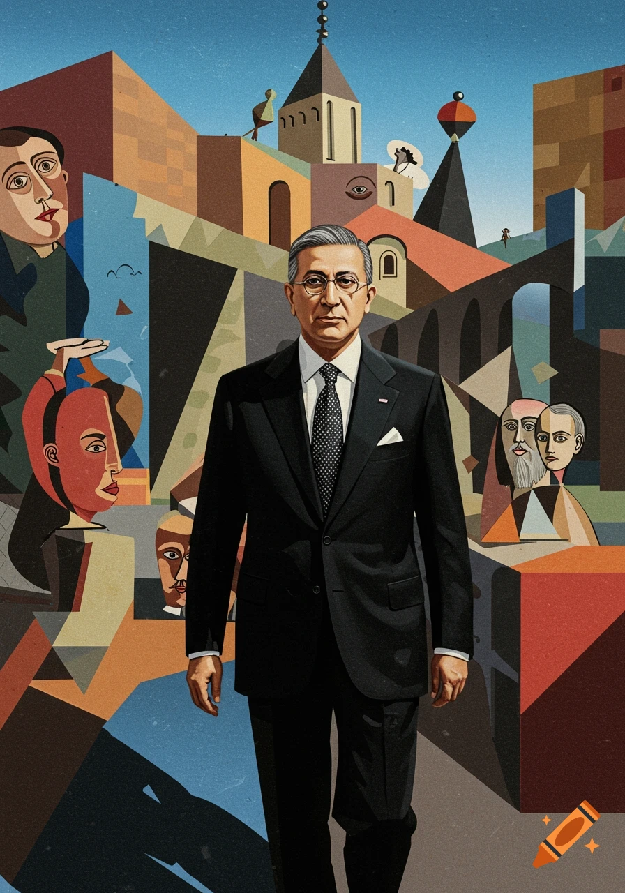A cubist-style portrait of a man in a suit standing in an abstract cityscape with fragmented figures and buildings.