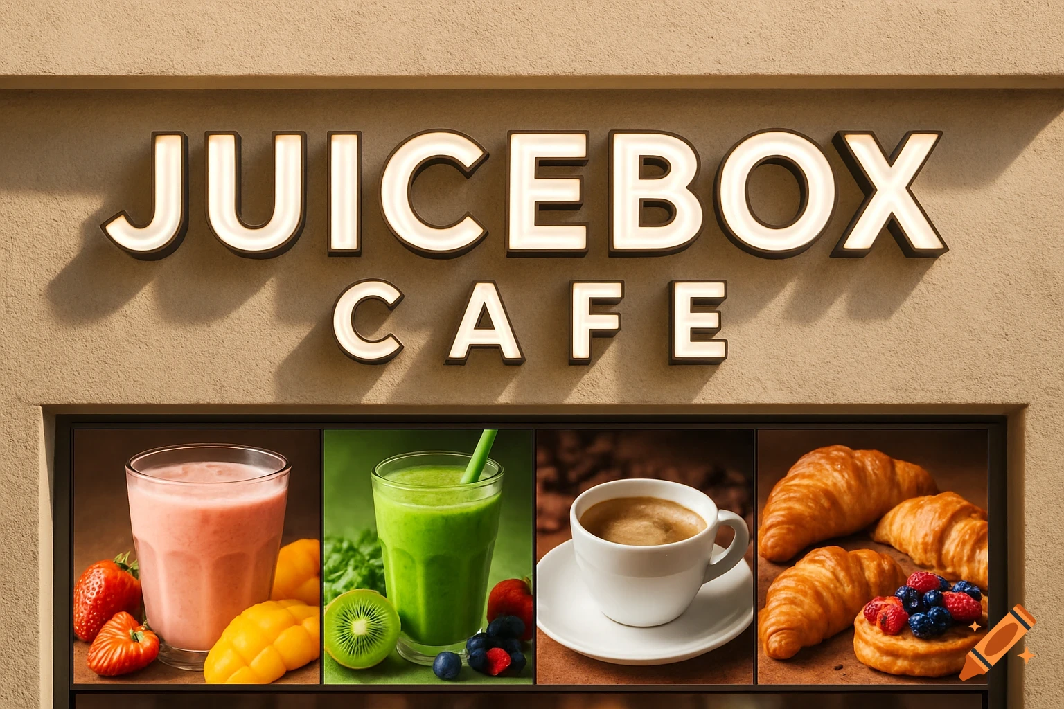 A well-lit 'JUICEBOX CAFE' storefront sign above a display of smoothies, coffee, and croissants.