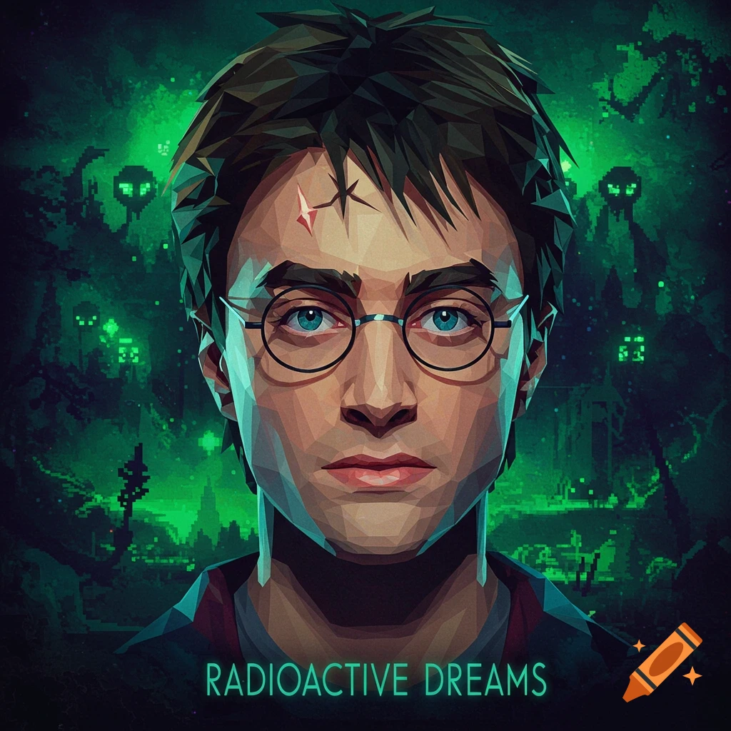Close-up poly art portrait of Harry Potter with a green, pixelated background and text 'RADIOACTIVE DREAMS'.