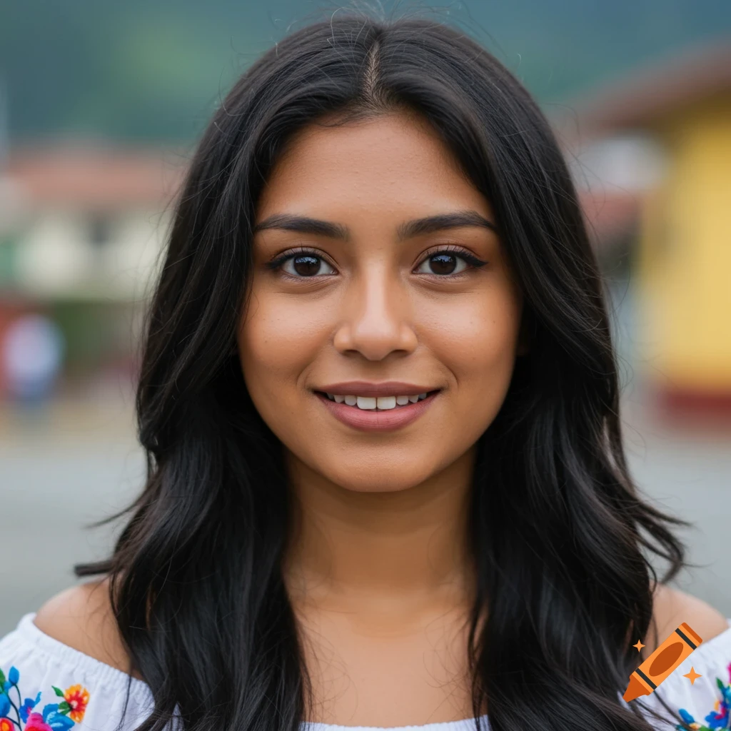 Photorealistic portrait of a woman with long black hair, big brown eyes, tan skin, and a tooth gap.