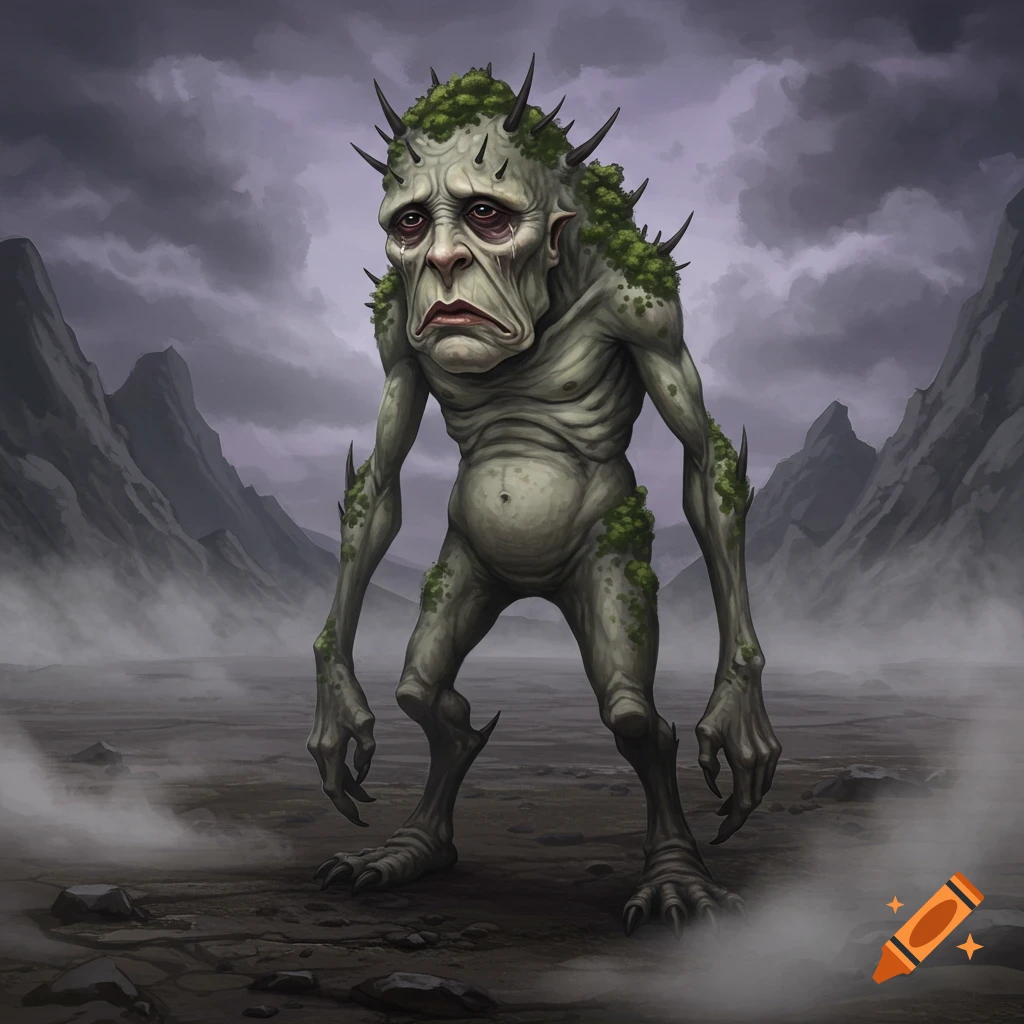 A grotesque grey-green monster with moss and spikes on its head and shoulders, standing in a barren, misty landscape under a cloudy sky. It has a sad, exaggerated frown.