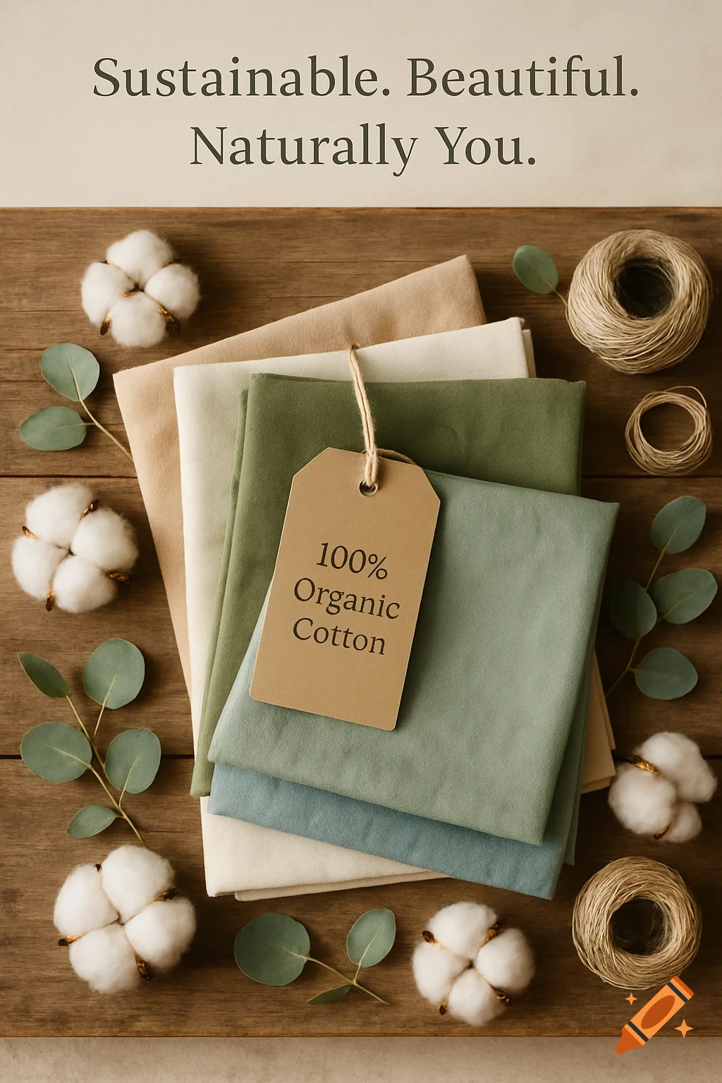 Flat lay of beige, cream, olive green, and soft blue organic cotton fabrics on a wooden table with a tag, cotton bolls, eucalyptus, and twine. Text reads "Sustainable. Beautiful. Naturally You."