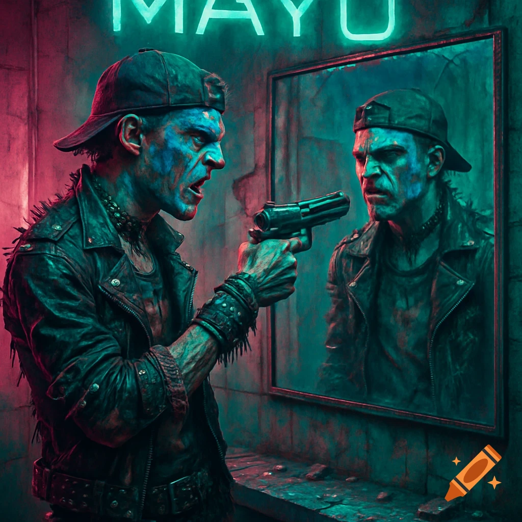 A punk figure in a leather jacket and backward hat with blue face paint, in a neon-lit dystopian room, points a gun at their reflection in a mirror.
