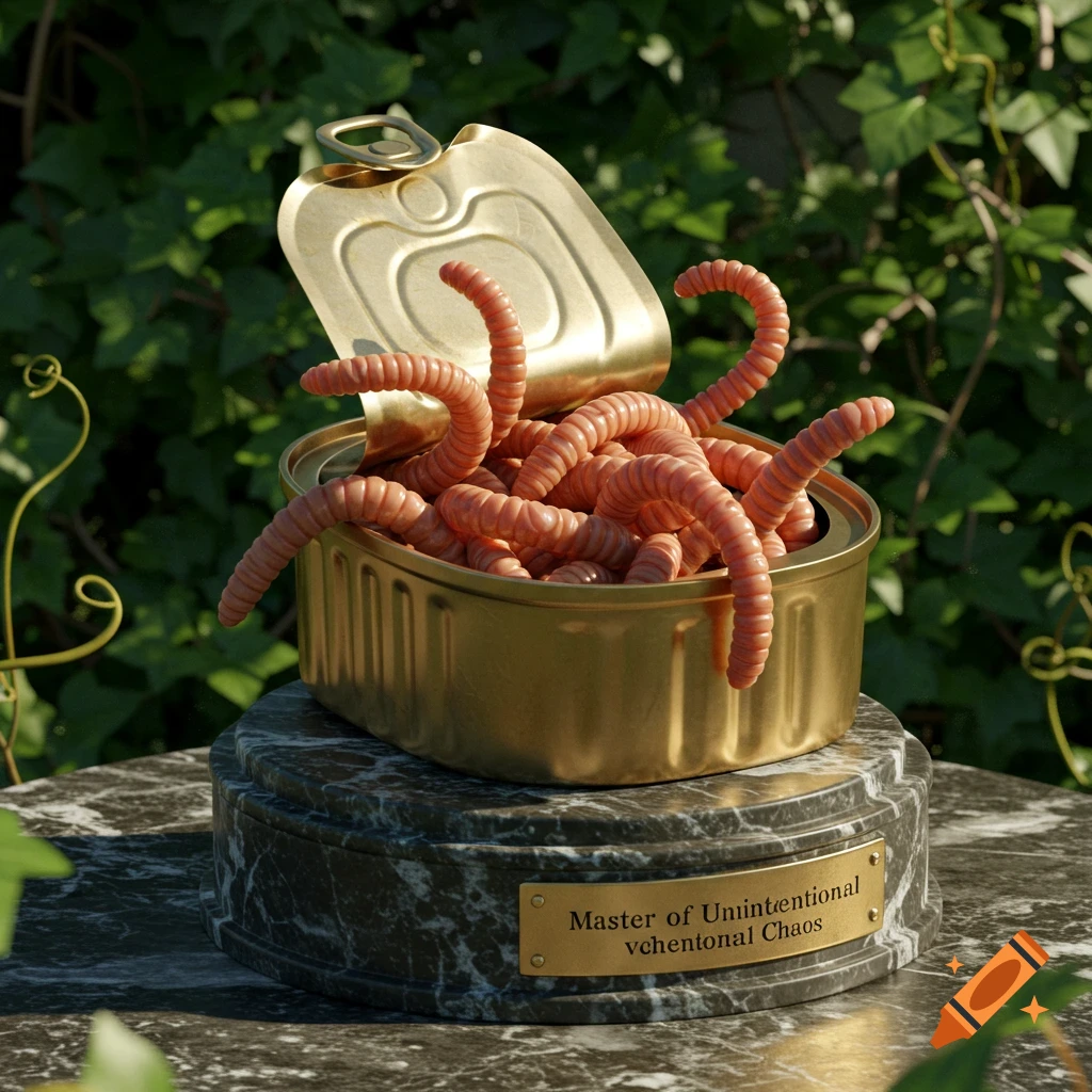 An open golden can full of pink worms sits on a marble trophy base with a plaque, against a green leafy background.