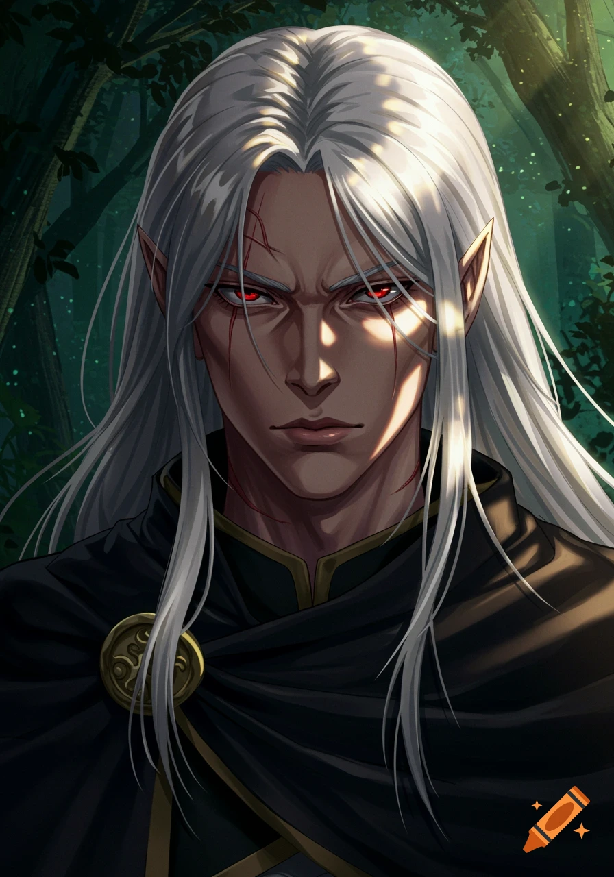 Anime style portrait of an elf with long silver hair, red eyes, and facial scars, wearing a black cloak, in a dark forest.