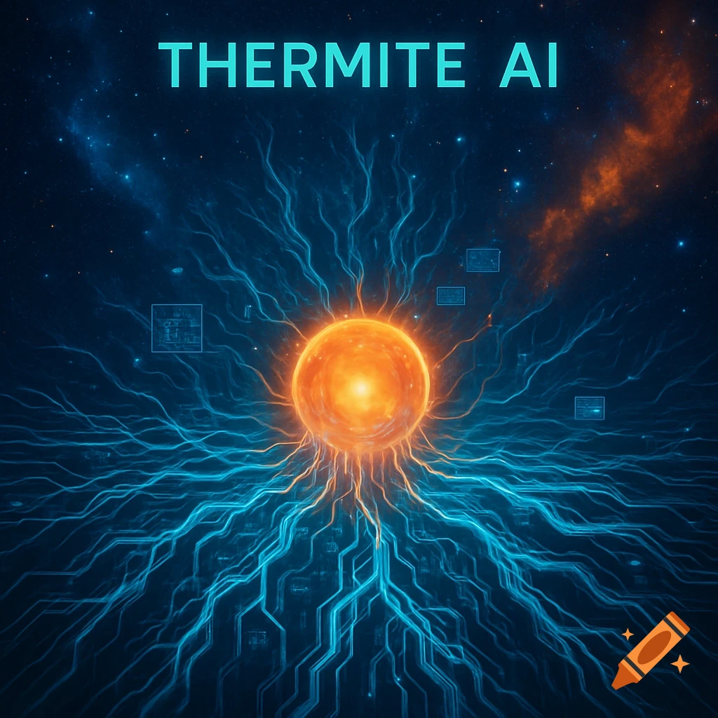A vibrant orange glowing sphere emits blue and orange energy circuits across a dark, starry cosmic background with "THERMITE AI" text.