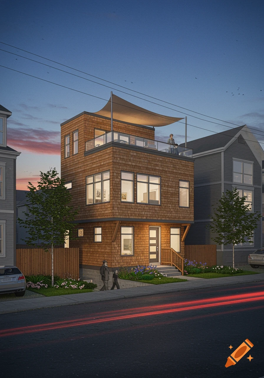 Modern multi-story house with wood shingle siding, rooftop deck with sail-cloth, and light trails on a street at dusk.