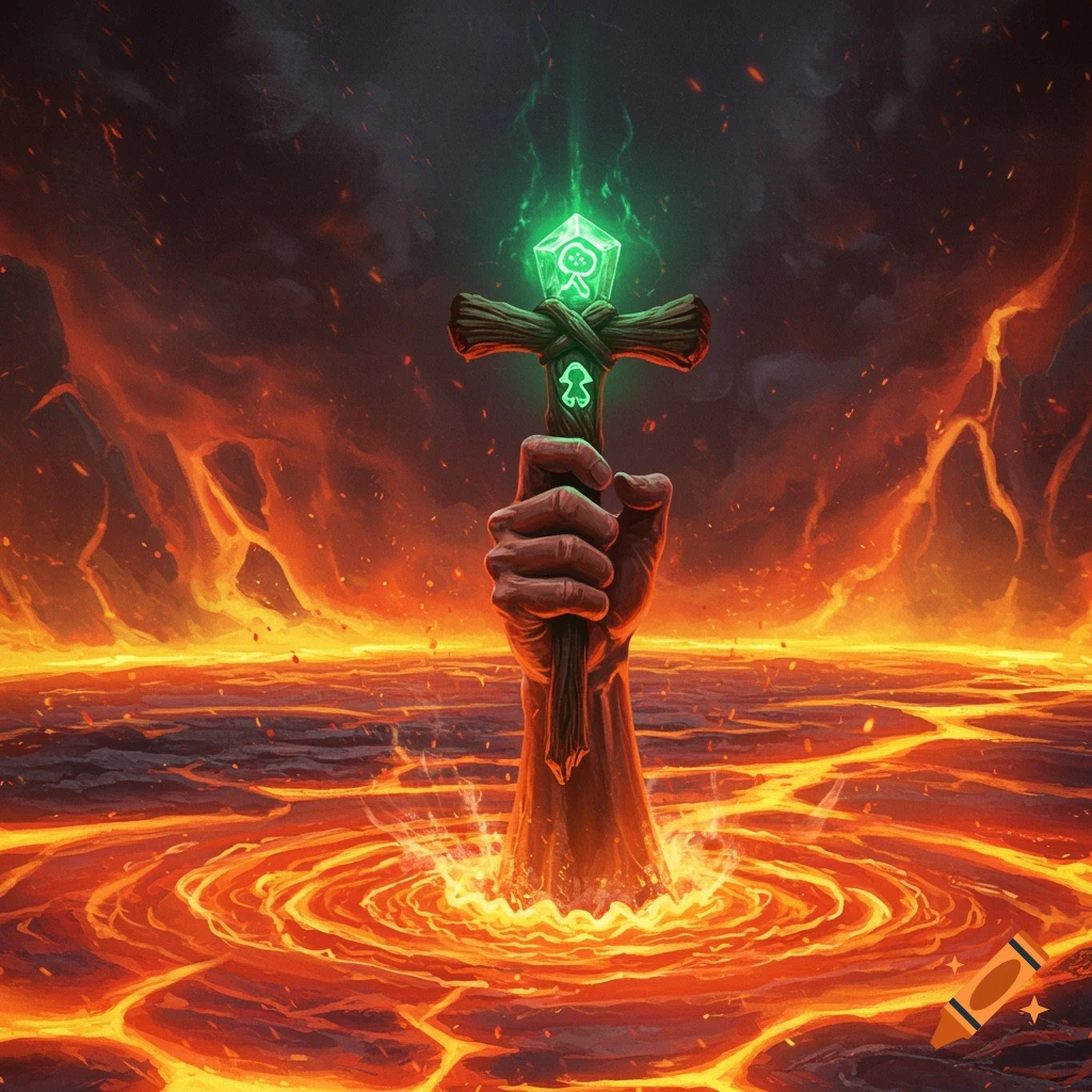 A glowing hand rises from a fiery lava pool, holding a green glowing totem with intricate symbols.