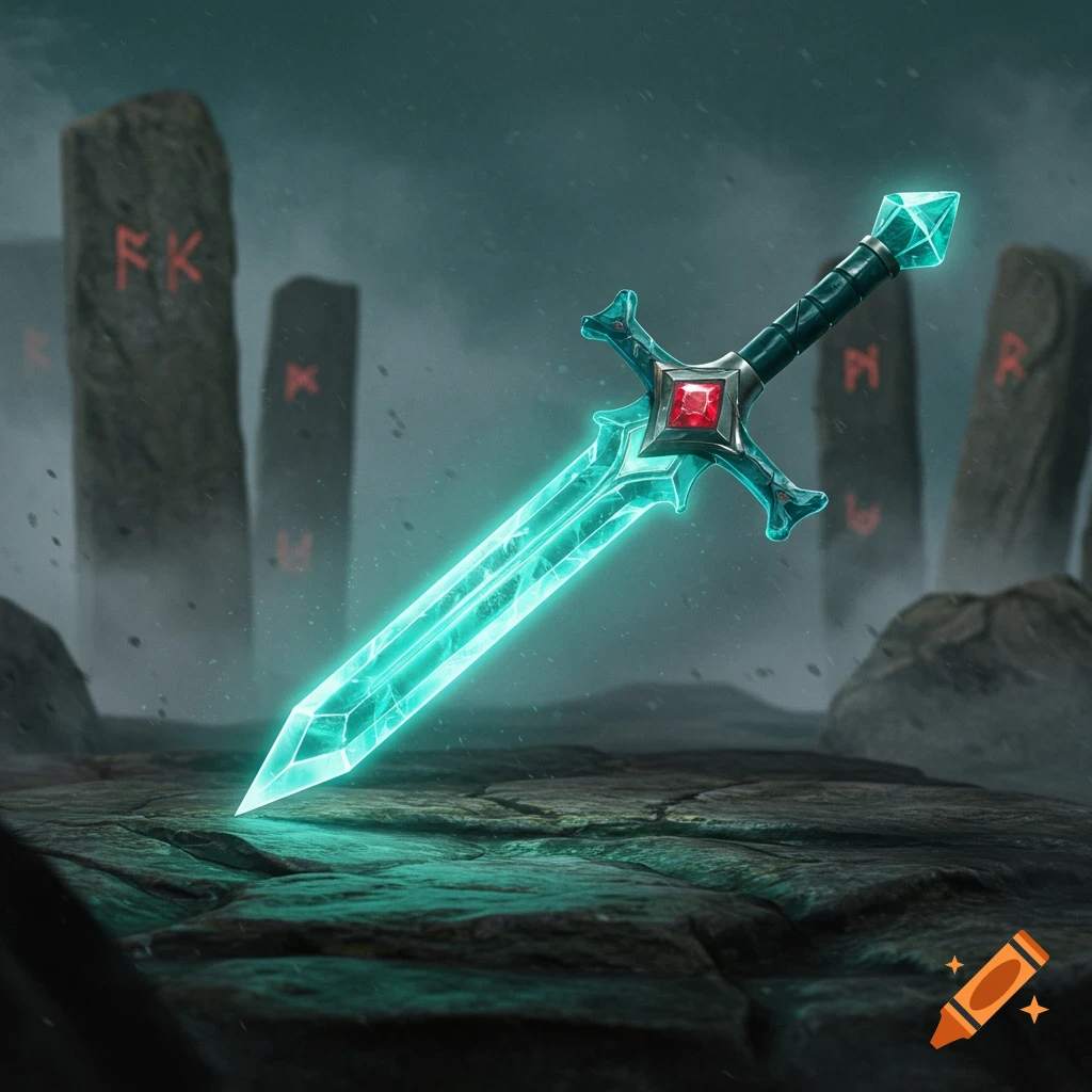 A glowing teal crystal shortsword with a ruby in its hilt stands upright on cracked ground among ancient rune stones under a gloomy sky. Digital art.