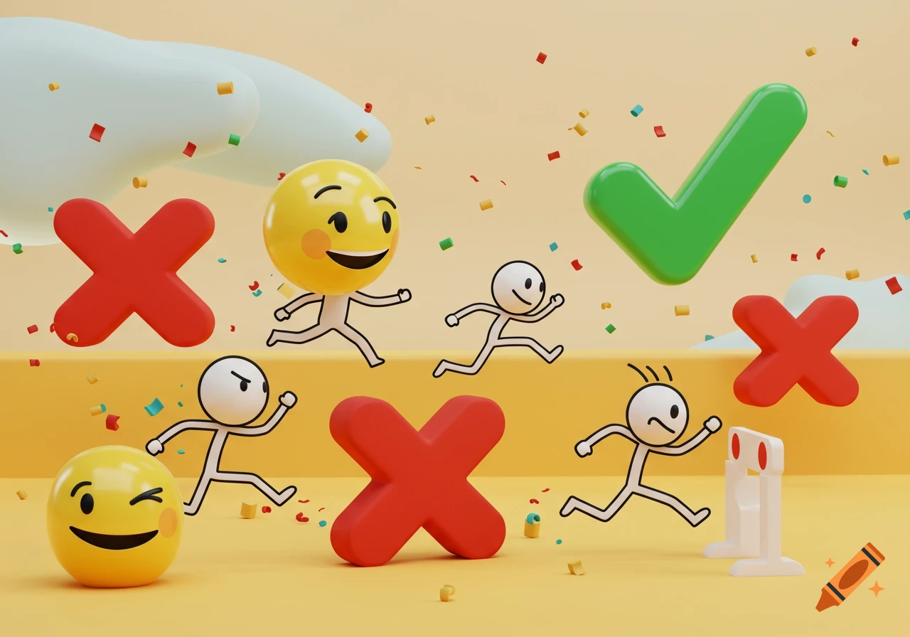Cartoon stick figures run and jump over red X symbols while chasing green check marks among colorful confetti.