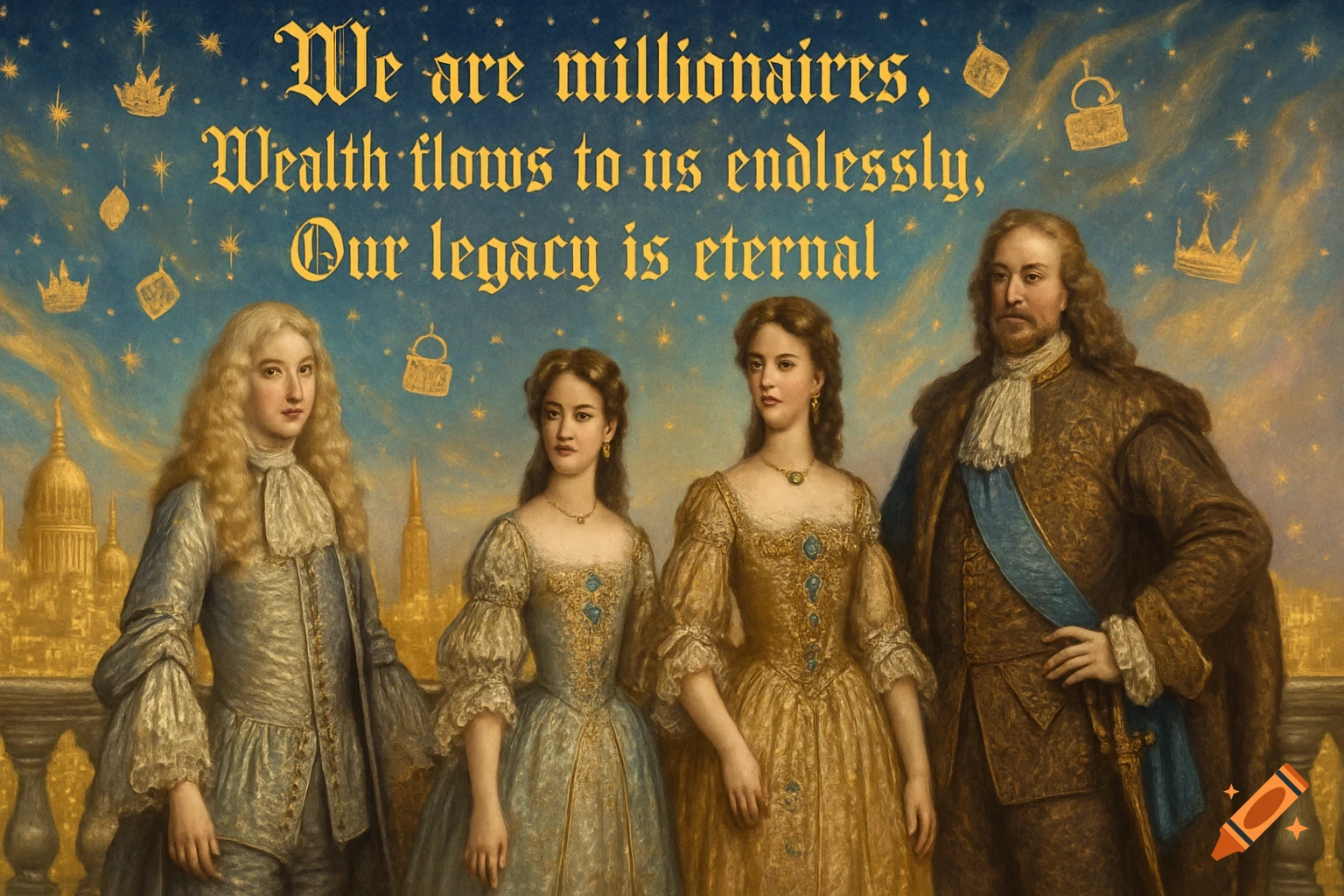 Baroque painting of a wealthy royal family on a balcony overlooking a golden city under a starry sky with text.