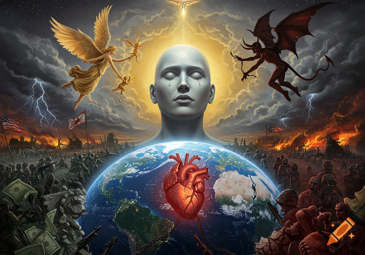 A symbolic dark fantasy artwork: a crying divine head floats above a war-torn Earth with a glowing heart, flanked by an angel and demon.