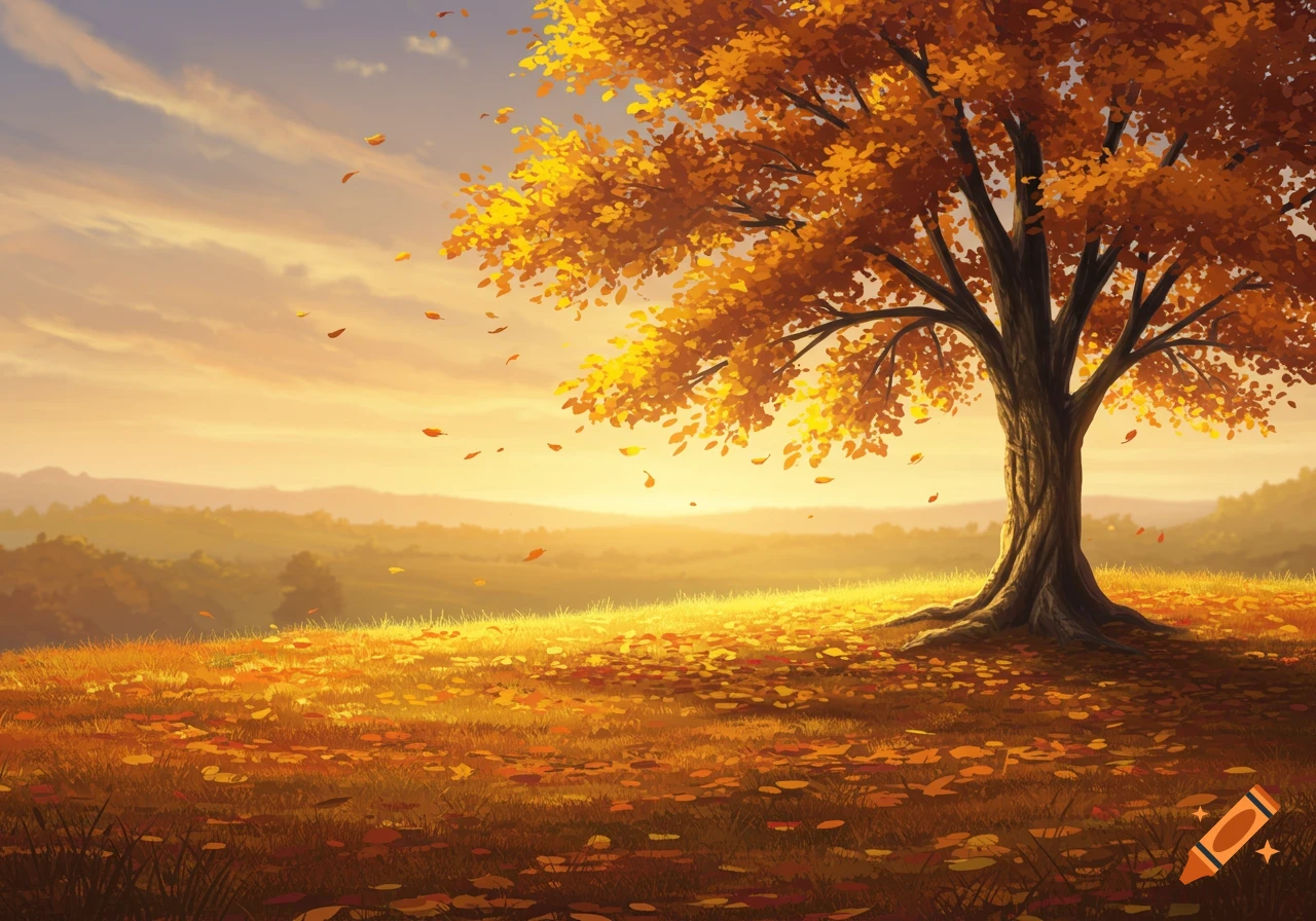 Vibrant autumn landscape with a large tree shedding orange and yellow leaves onto a golden grassy field during sunset.