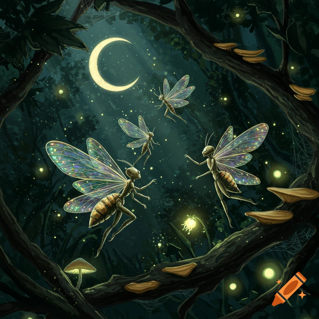 Stylized illustration of iridescent-winged insect fairies flying at night in a dark forest with a crescent moon and glowing fireflies.