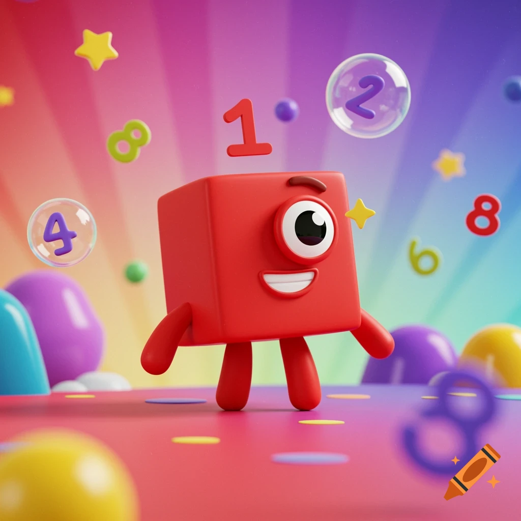 A cheerful red block character with one eye, arms, and legs smiles on a colorful background with floating numbers and stars in a 3D animated style.