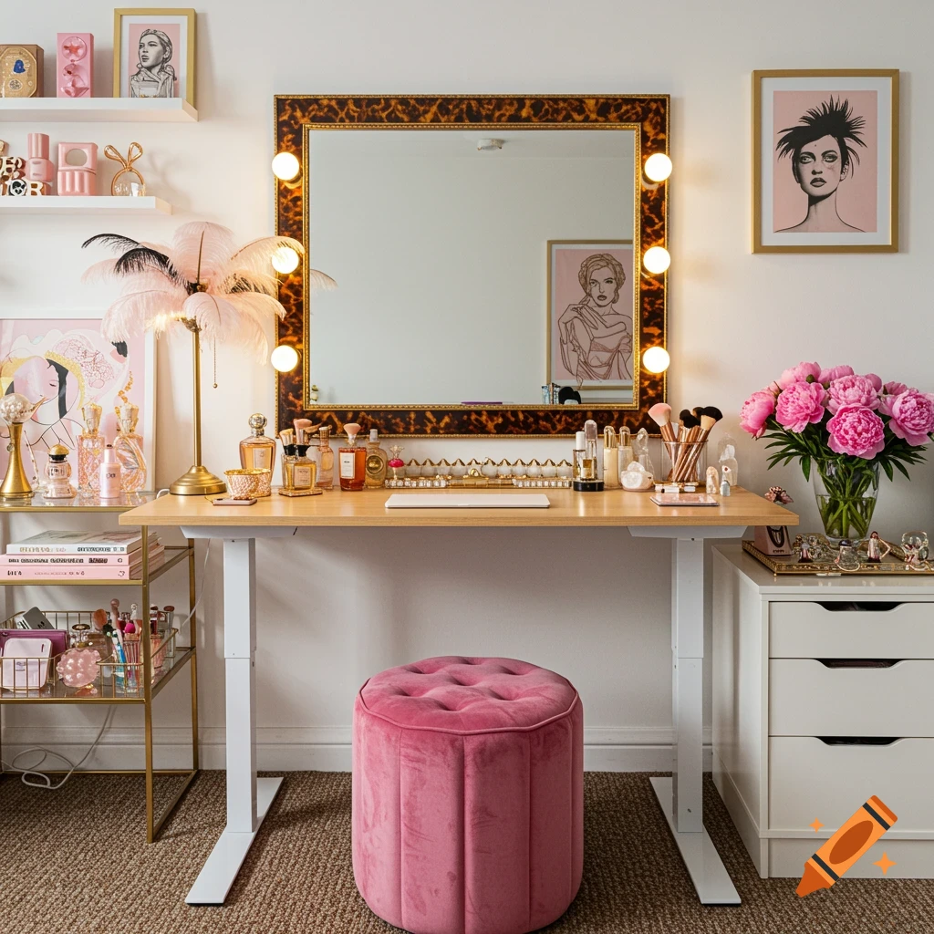 A chic, maximalist home workspace and dressing table setup with a tortoiseshell vanity mirror, pink ottoman, and makeup.