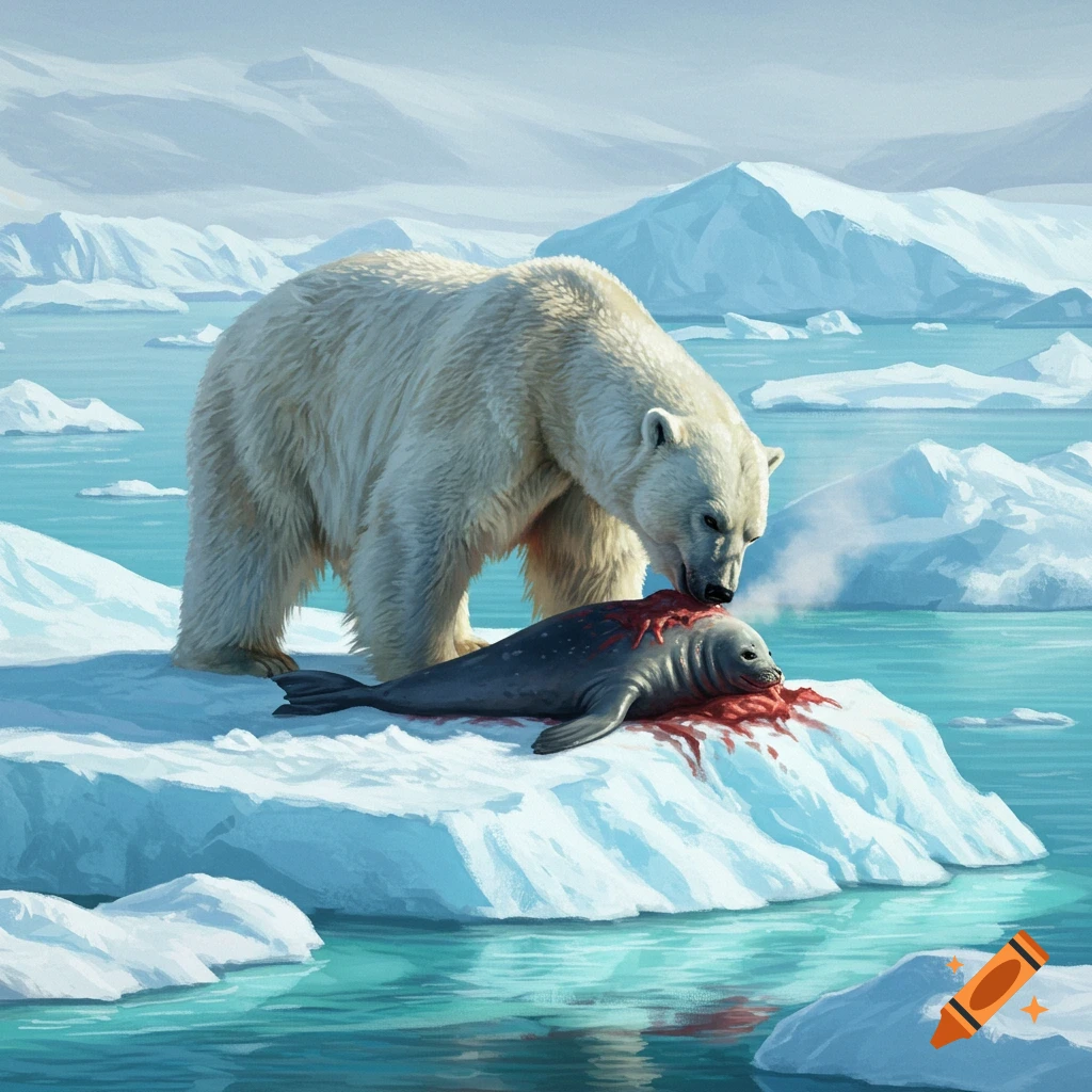A large polar bear stands over a bloody seal on a white iceberg in a vast blue arctic ocean, with distant snowy mountains under a pale sky.