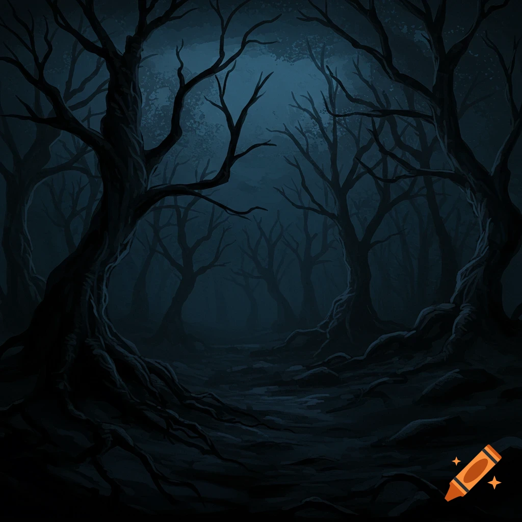 A dark, spooky forest at night with gnarled, bare trees and a winding path fading into the gloom.