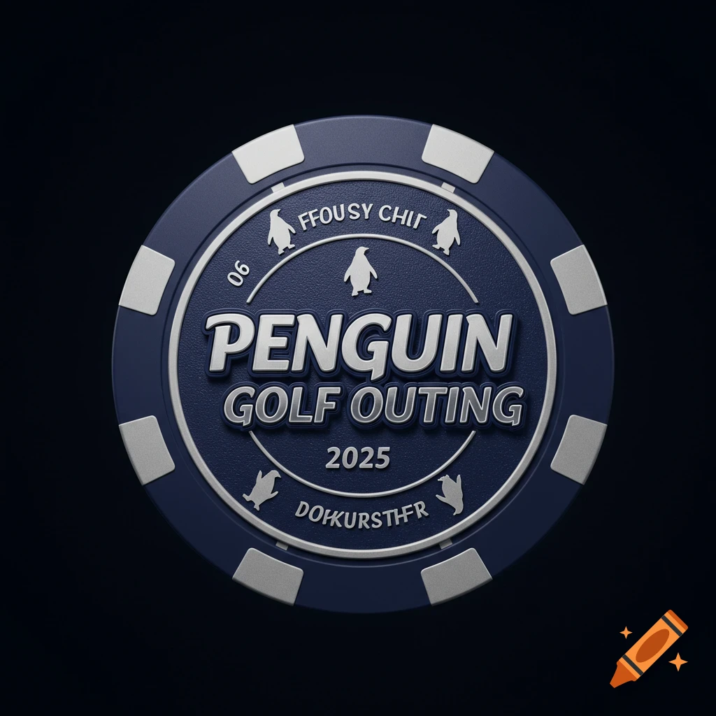 A detailed close-up of a dark blue poker chip with silver accents. It has the embossed text "PENGUIN GOLF OUTING 2025" in the center, surrounded by small penguin figures and additional garbled text.