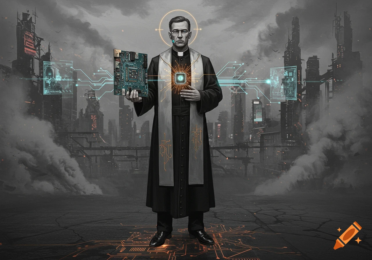 A man dressed as a priest, standing in a desolate, futuristic cityscape, holds a computer motherboard with glowing circuitry.